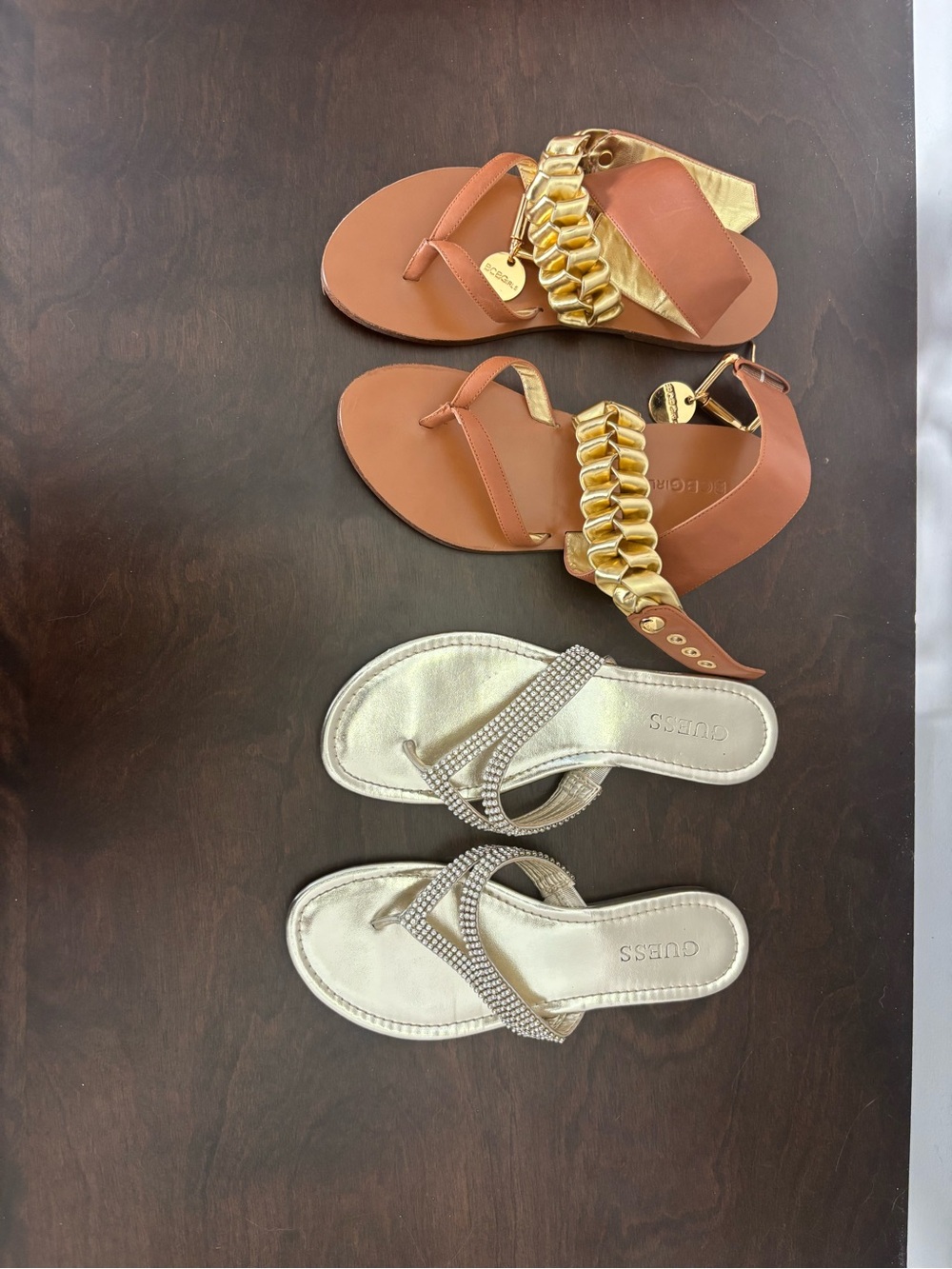 GUESS and bcbg girls Metallic Gold Rhinestone and Tan Chain-Accent Sandal Duo